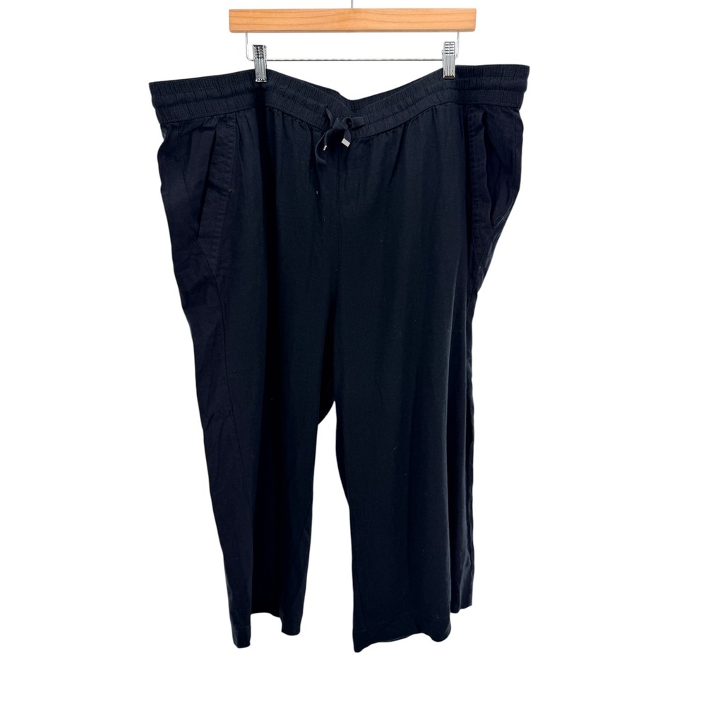 NWT Evans Linen Blend Wide Leg Crop Pants Black Drawstring Casual Plus Size 30